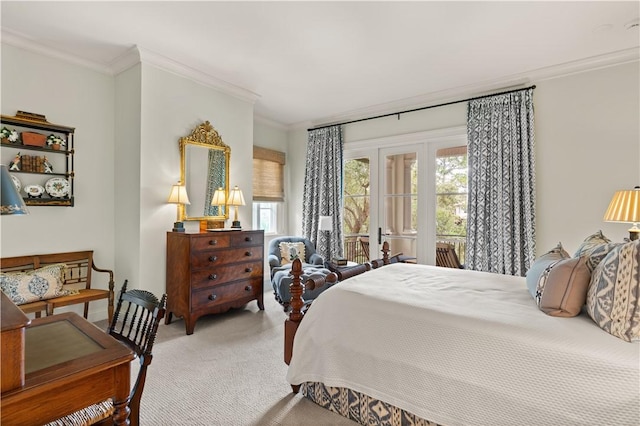 bedroom featuring light colored carpet, crown molding, and multiple windows