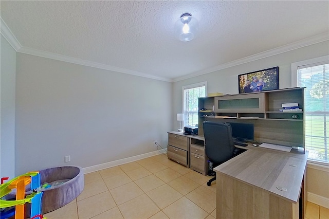 home office with ornamental molding and a wealth of natural light