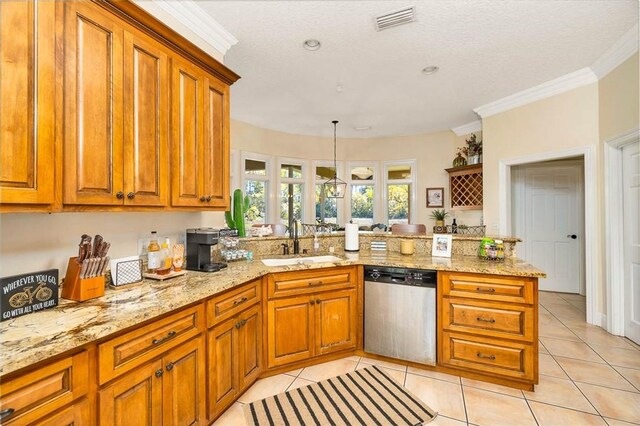 kitchen with kitchen peninsula, crown molding, sink, dishwasher, and hanging light fixtures