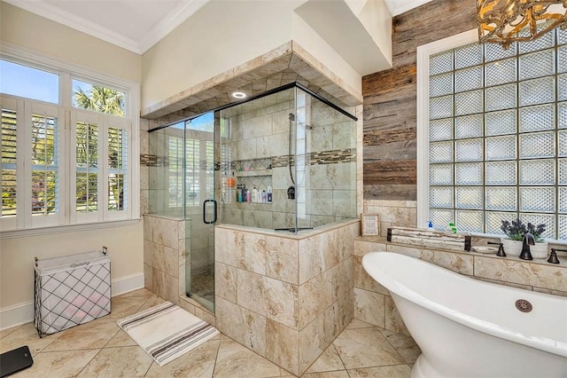 bathroom featuring separate shower and tub and ornamental molding