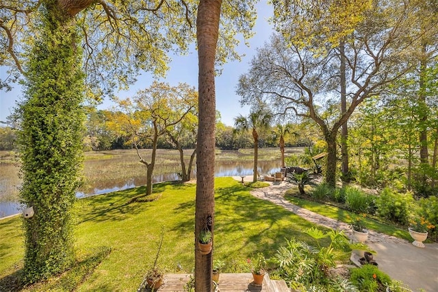 view of property's community with a water view and a yard