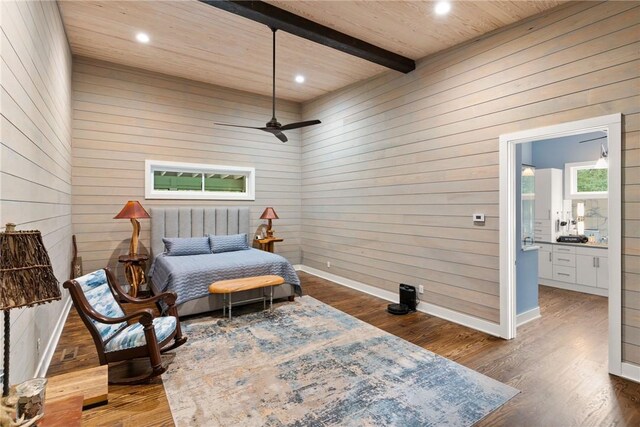 living area with wooden ceiling, wooden walls, ceiling fan, beam ceiling, and dark hardwood / wood-style flooring