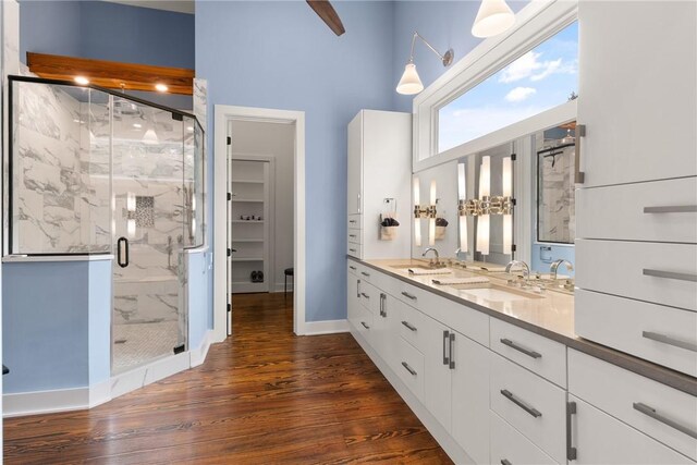 bathroom with hardwood / wood-style flooring, vanity, and a shower with shower door