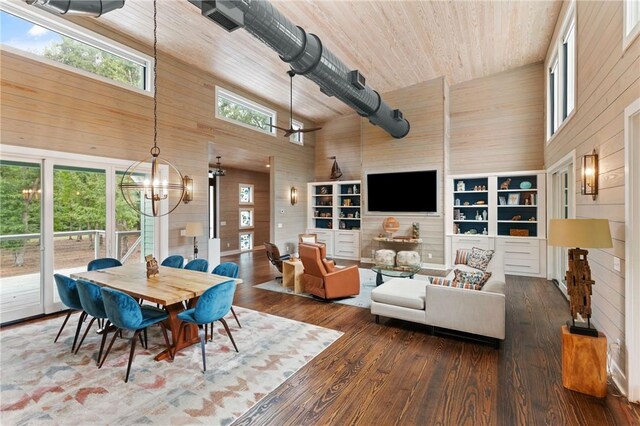 dining room featuring dark hardwood / wood-style floors, high vaulted ceiling, and plenty of natural light