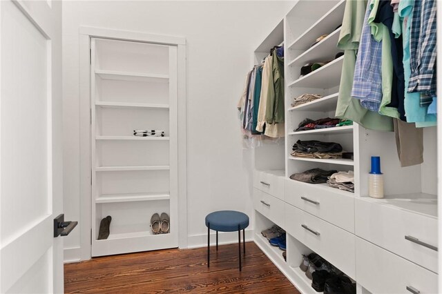 walk in closet with dark hardwood / wood-style floors