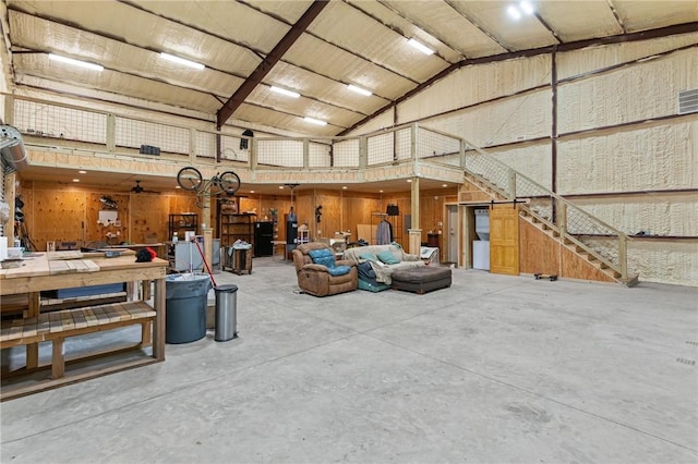 garage with wood walls