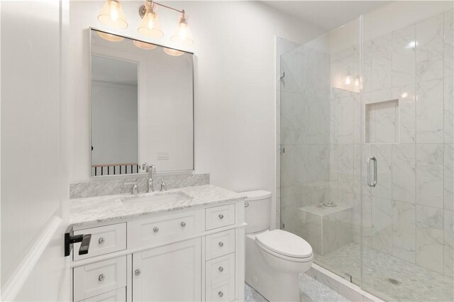 bathroom featuring toilet, a shower stall, and vanity