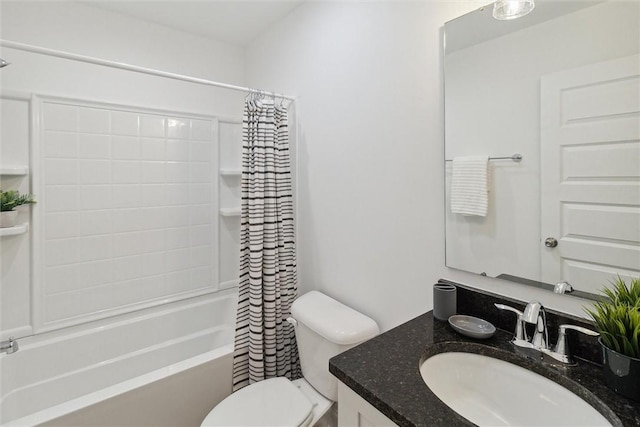 full bathroom featuring vanity, shower / bathtub combination with curtain, and toilet