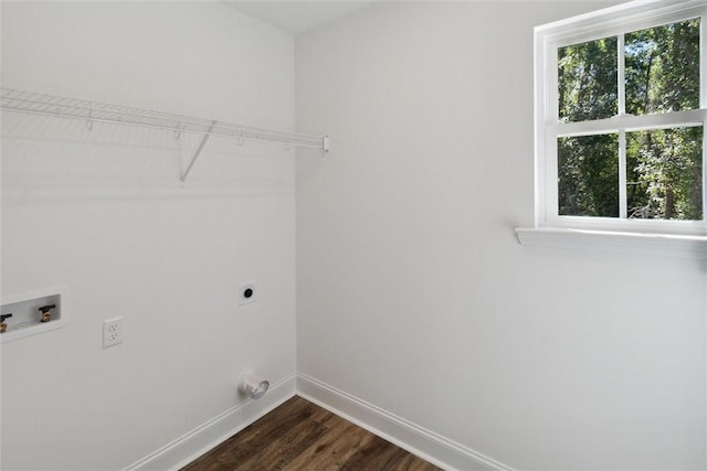 clothes washing area with electric dryer hookup, dark hardwood / wood-style flooring, and hookup for a washing machine