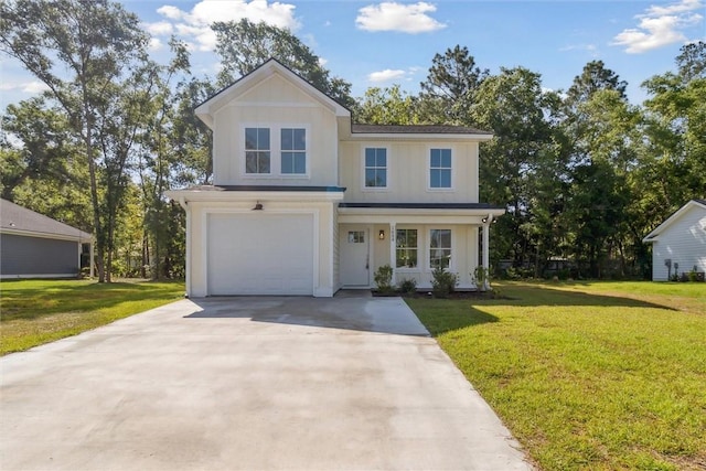 view of front facade featuring a front lawn and a garage