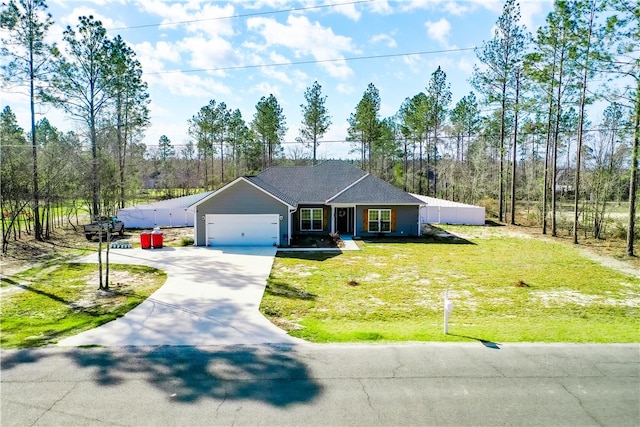 view of front of property featuring a shingled roof, a front yard, driveway, and an attached garage