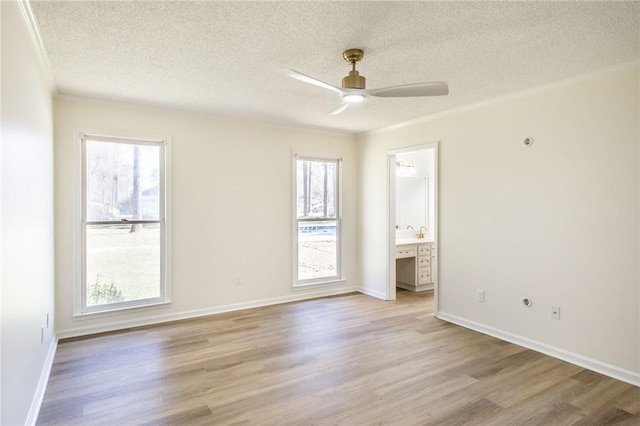 interior space featuring light wood-type flooring, ceiling fan, a textured ceiling, and plenty of natural light