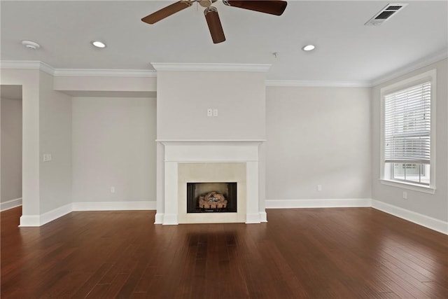 105 Gascoigne Ave Unit 204, Saint Simons Island, GA 31522 - unfurnished living room featuring ceiling fan, crown molding, wood finished floors, a fireplace, and recessed lighting