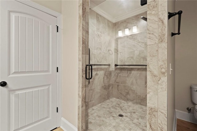 105 Gascoigne Ave Unit 204, Saint Simons Island, GA 31522 - bathroom featuring a shower stall and ornamental molding