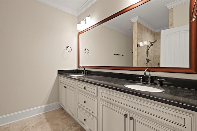 105 Gascoigne Ave Unit 204, Saint Simons Island, GA 31522 - bathroom with double vanity, crown molding, a tile shower, and marble finish floors