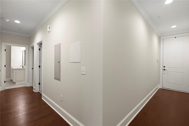 105 Gascoigne Ave Unit 204, Saint Simons Island, GA 31522 - hall featuring ornamental molding, recessed lighting, electric panel, and hardwood / wood-style floors