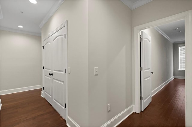 105 Gascoigne Ave Unit 204, Saint Simons Island, GA 31522 - hall featuring ornamental molding, recessed lighting, and dark wood-style flooring