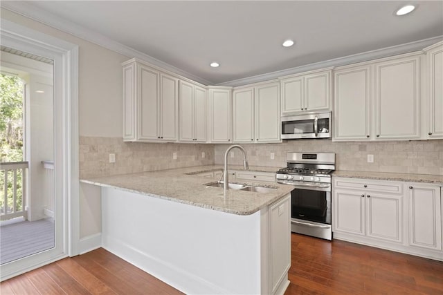 105 Gascoigne Ave Unit 204, Saint Simons Island, GA 31522 - kitchen featuring appliances with stainless steel finishes, dark wood-style floors, backsplash, light stone countertops, and recessed lighting