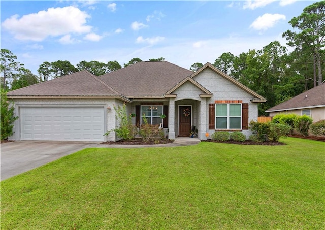 view of front of property with a front yard and a garage