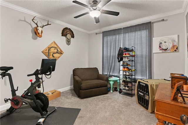 workout room with crown molding, ceiling fan, light colored carpet, and a textured ceiling