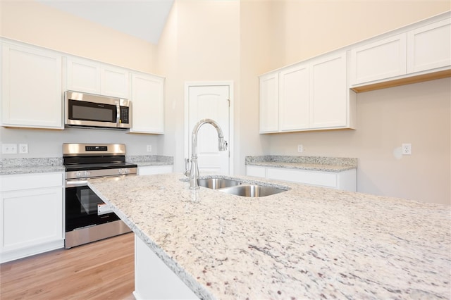 kitchen featuring stainless steel appliances, white cabinets, a sink, and light stone countertops