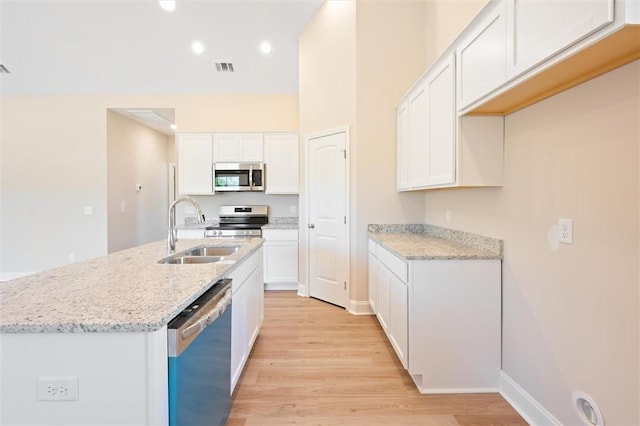 kitchen featuring light stone counters, stainless steel appliances, visible vents, white cabinetry, and a sink