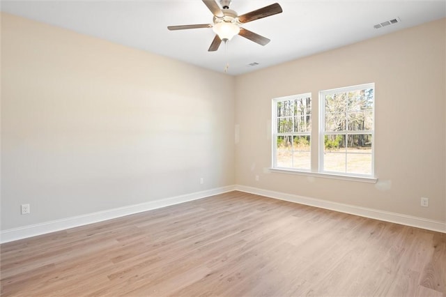 unfurnished room with light wood-style floors, ceiling fan, visible vents, and baseboards