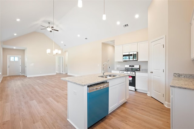 kitchen with stainless steel appliances, visible vents, white cabinetry, a sink, and an island with sink