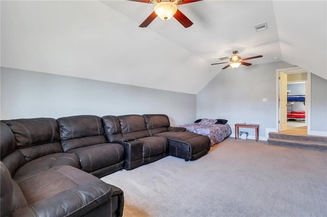62 Wellington Cir, Brunswick, GA 31525 - living room featuring ceiling fan, carpet flooring, vaulted ceiling, and baseboards