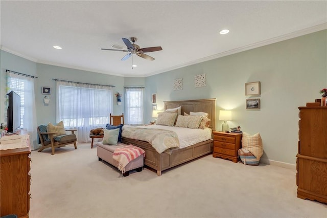 bedroom with crown molding, carpet flooring, multiple windows, and recessed lighting