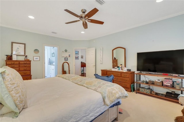 carpeted bedroom featuring ceiling fan, visible vents, and recessed lighting