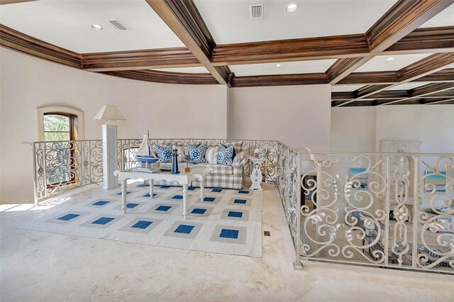 unfurnished living room with beamed ceiling, crown molding, and coffered ceiling