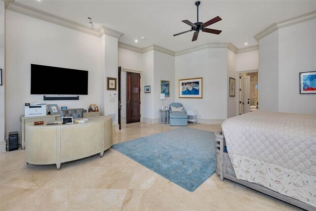 bedroom featuring a high ceiling, ceiling fan, and ornamental molding