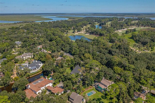 drone / aerial view featuring a water view