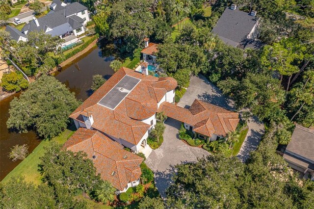 drone / aerial view with a water view