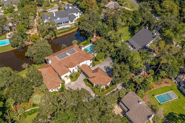 aerial view featuring a water view