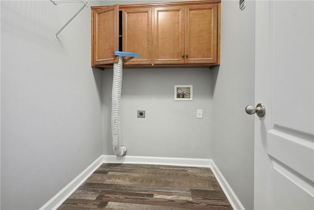 laundry area featuring cabinets, washer hookup, dark hardwood / wood-style flooring, and electric dryer hookup