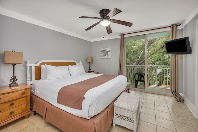 1175 N Beachview Dr Unit 414, Jekyll Island, GA 31527 - bedroom with light tile patterned floors, access to exterior, a ceiling fan, and baseboards