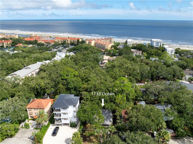 aerial view with a water view and a view of the beach