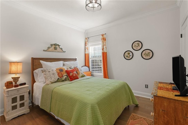 bedroom with crown molding and dark wood-type flooring