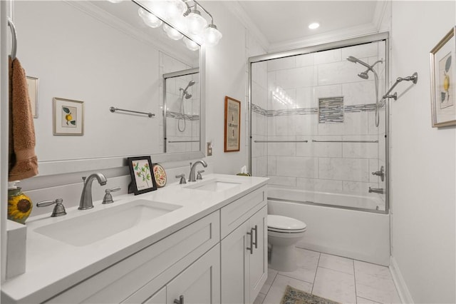 full bathroom featuring toilet, enclosed tub / shower combo, ornamental molding, and vanity