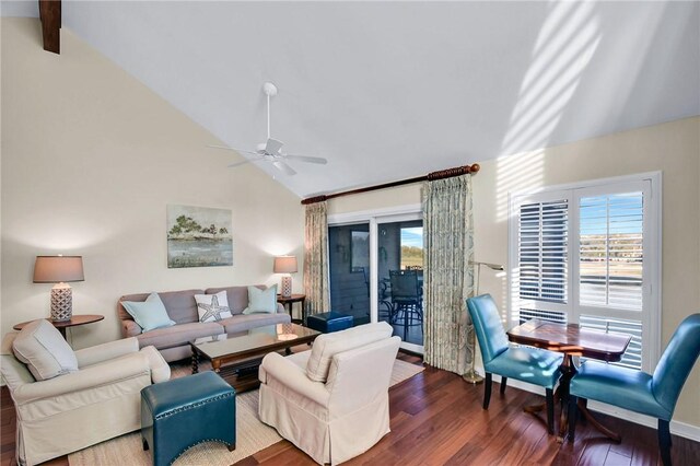 living room with beamed ceiling, high vaulted ceiling, ceiling fan, and wood finished floors