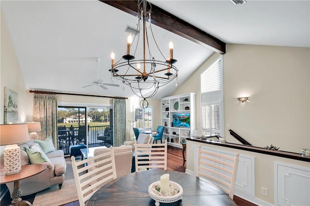 dining area featuring beamed ceiling, ceiling fan with notable chandelier, and high vaulted ceiling