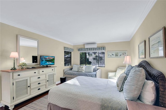 bedroom with crown molding, an AC wall unit, baseboards, and dark wood-style flooring