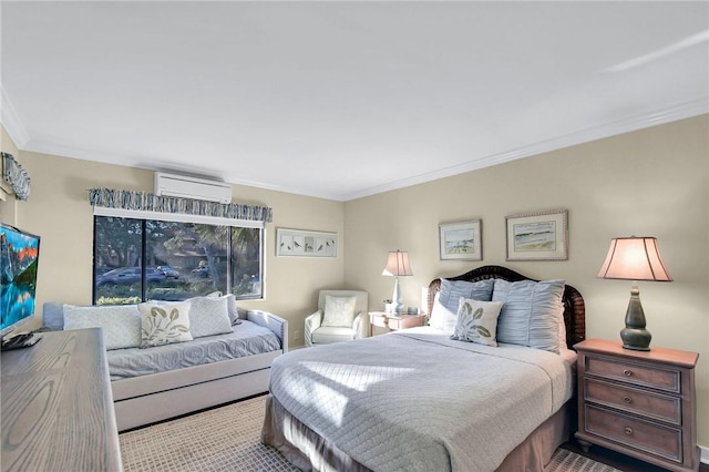 bedroom with carpet floors, a wall unit AC, and ornamental molding