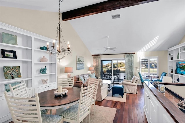 dining area with ceiling fan with notable chandelier, vaulted ceiling with beams, dark wood-style floors, and visible vents