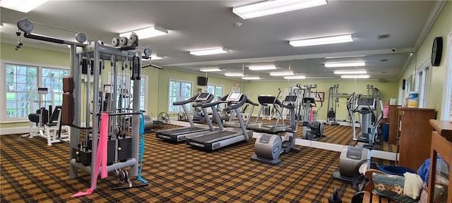 workout area featuring a healthy amount of sunlight, crown molding, and carpet flooring