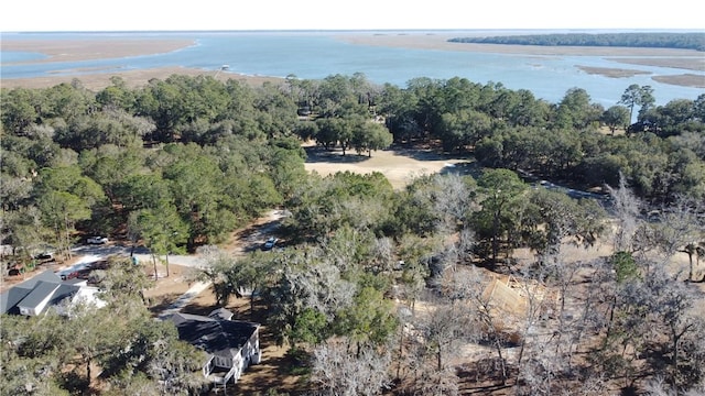 aerial view featuring a water view and a wooded view