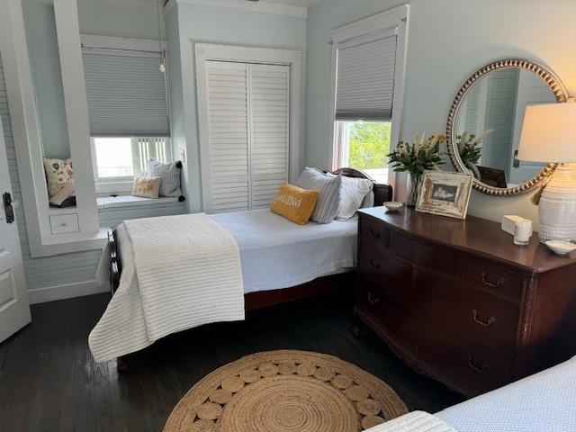 bedroom with a closet, dark hardwood / wood-style flooring, and multiple windows