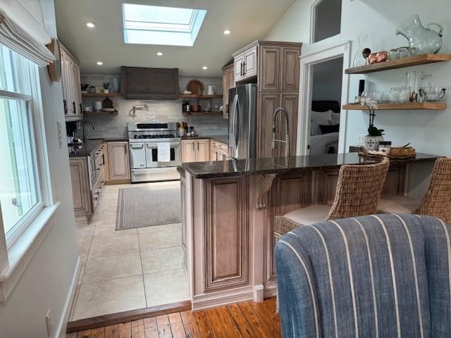 kitchen featuring kitchen peninsula, a healthy amount of sunlight, a skylight, and appliances with stainless steel finishes